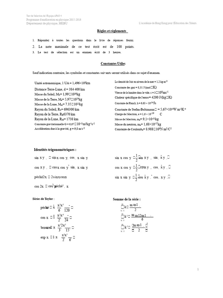 Test de sélection APhO 4 - Physique 2015-2016 | PDF | Inducteur | Orbite