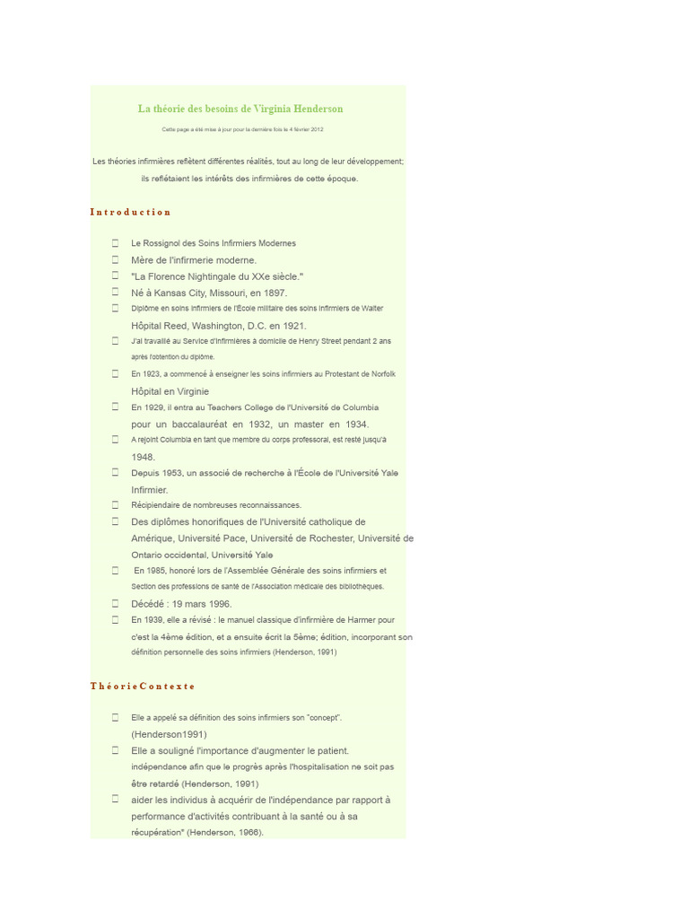 Théorie des besoins de Virginia Henderson | PDF | Allaitement | Soins ...