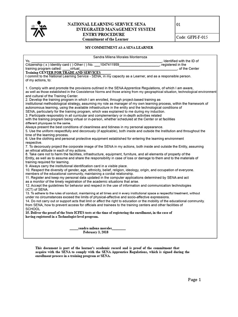 Commitment of a SENA Learner | PDF | Learning