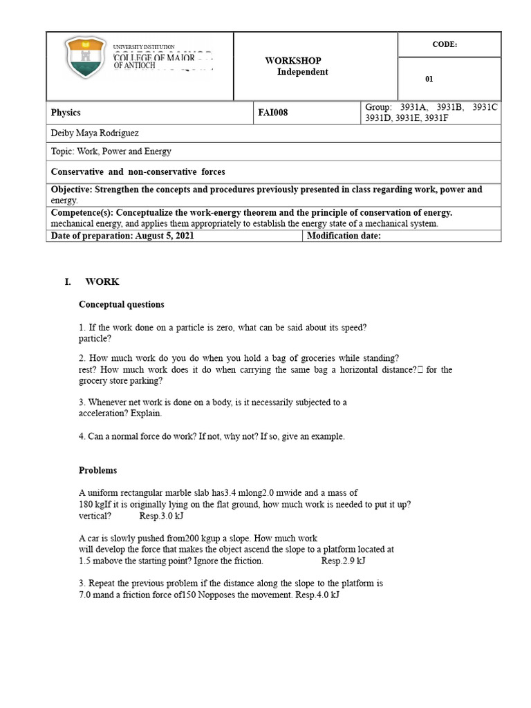 Workshop 3 - Work, Power, and Energy | PDF | Force | Potential Energy