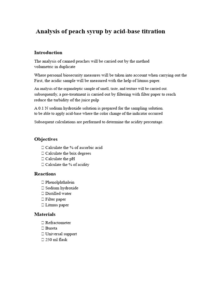 Peach Syrup Acid-Base Analysis Guide | PDF | Titration | Chemistry