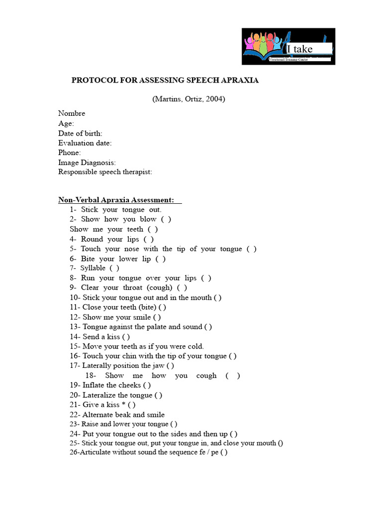 Speech Apraxia Assessment Protocol | PDF | Mouth | Human Communication