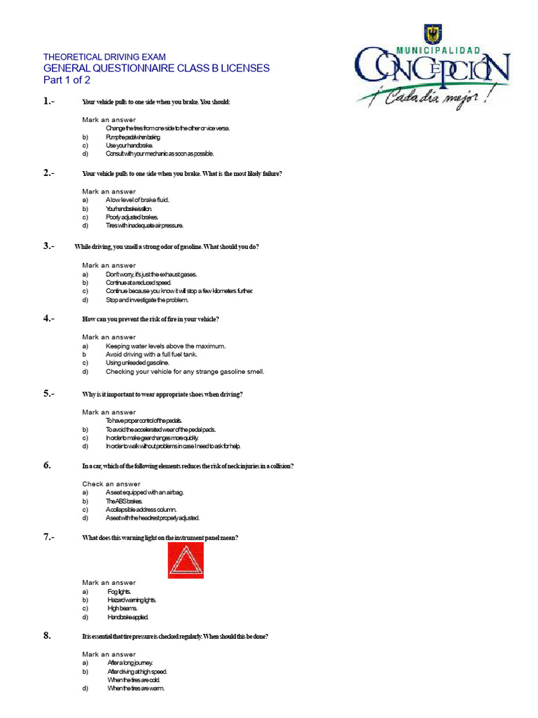 Class B Questionnaire Theoretical Driving Exam 1 of 2 | PDF ...
