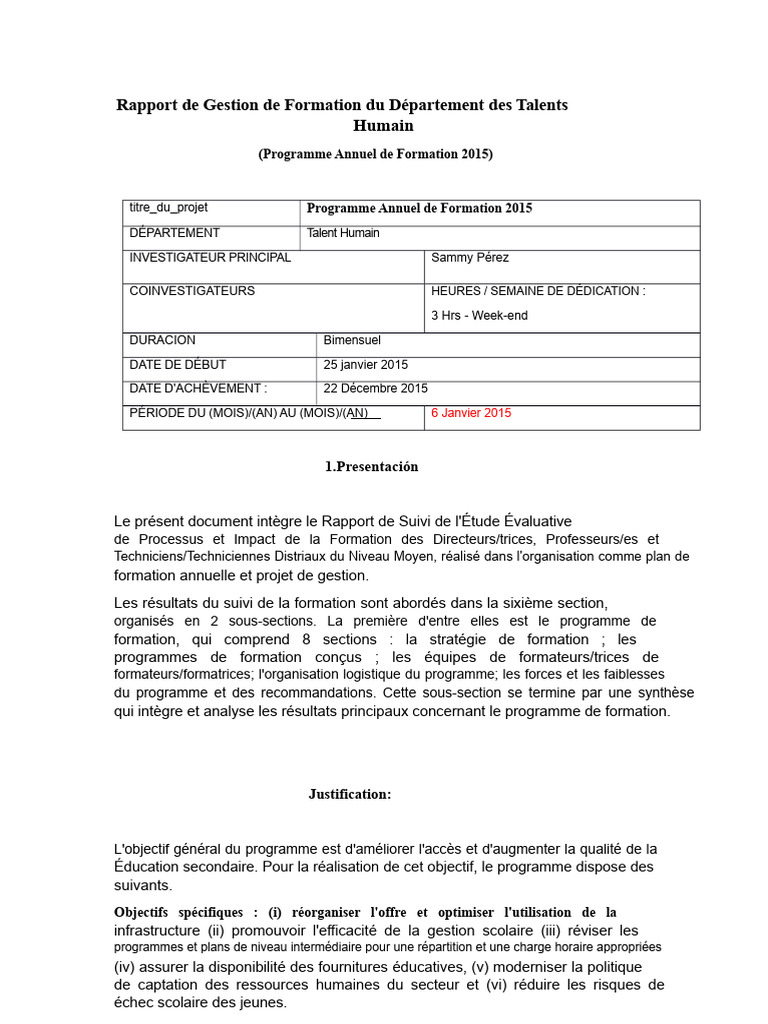 Rapport de Formation Pédagogique 2015 | PDF | Pédagogie | Gestion des ...