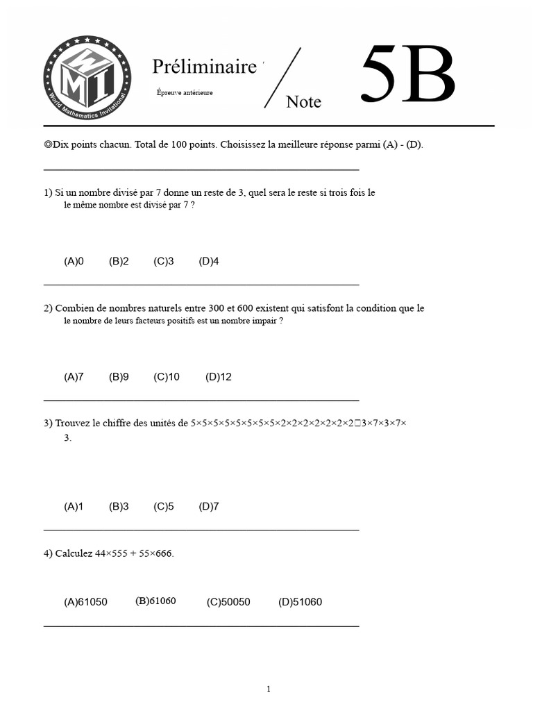 Épreuve de mathématiques 5B avec réponses | PDF | Mathématiques