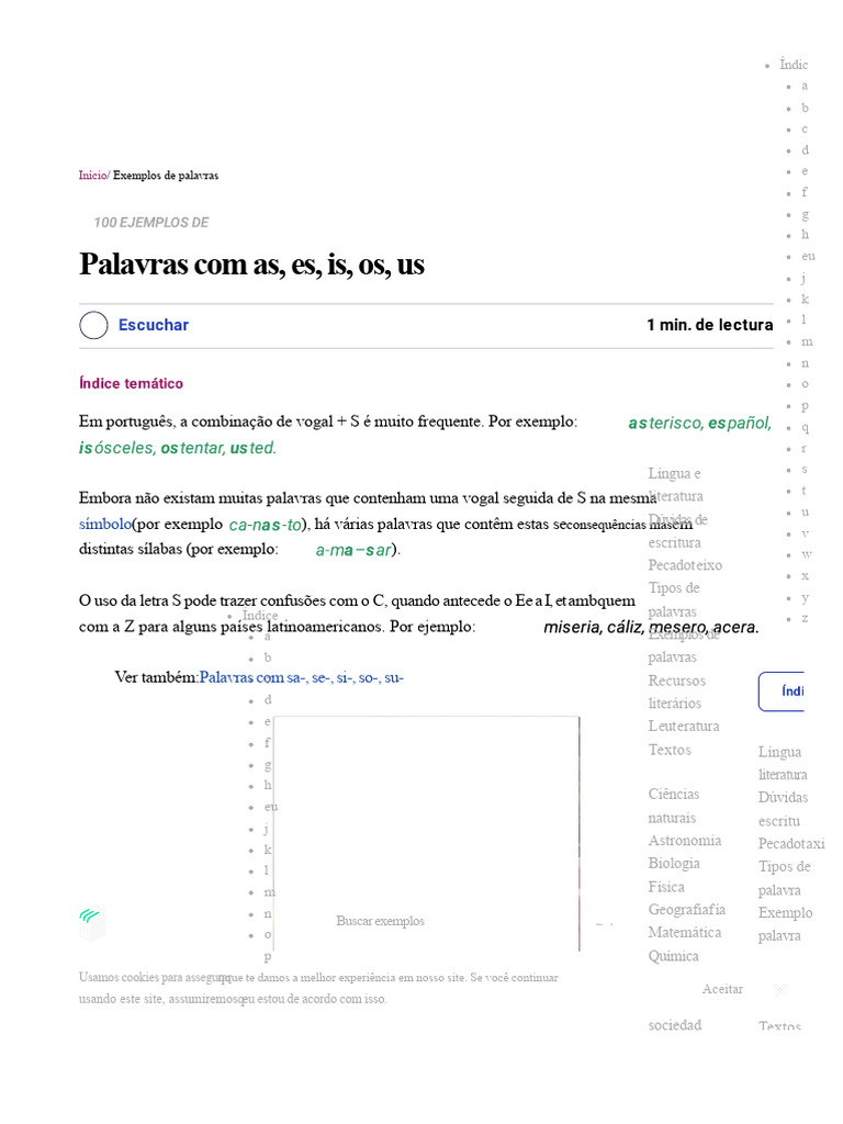 100 Exemplos de Palavras Com as, Es, Is, Os, Us | PDF | Vogal | Palavra