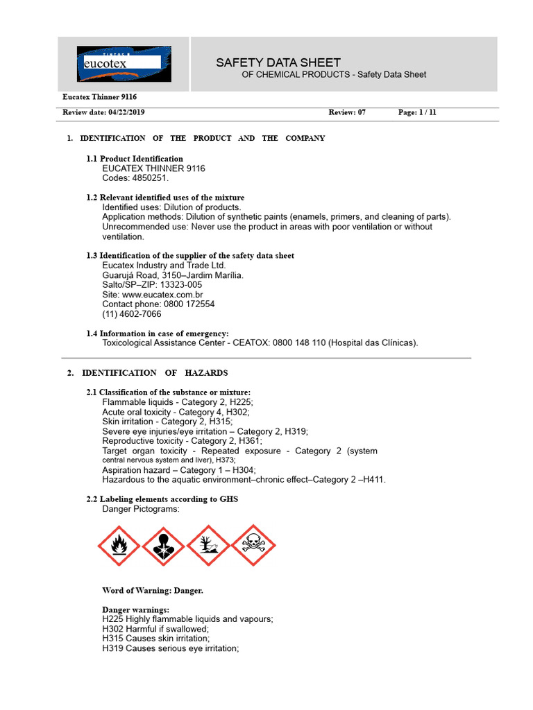 Eucatex Thinner 9116 Safety Data Sheet | PDF | Toxicity | Dangerous Goods