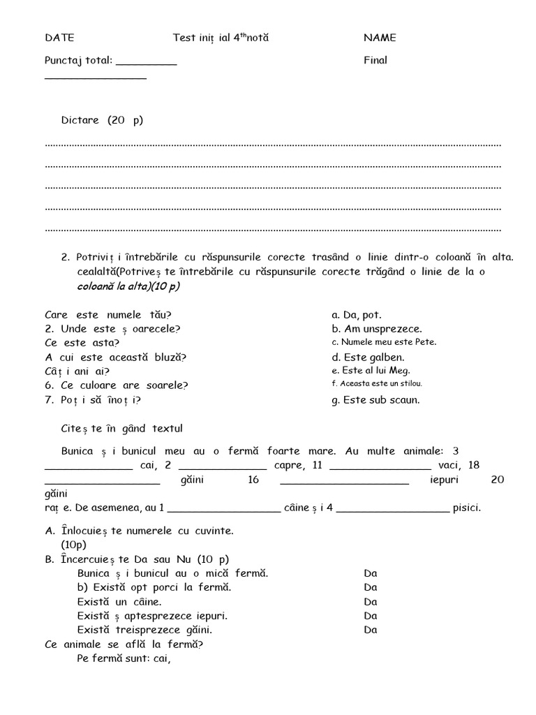 Test Inițial Pentru Clasa A 4-A | PDF