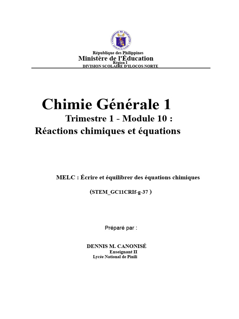 Réactions et Équations Chimiques 1er Trimestre | PDF | Chimie | Atomes
