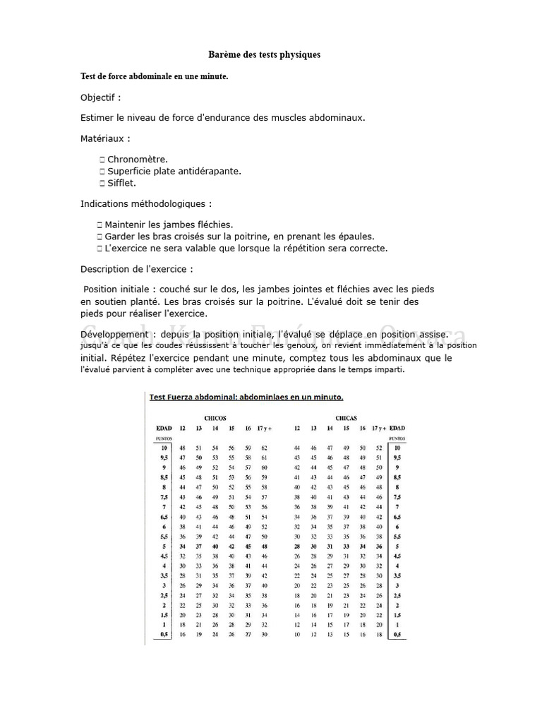 Barème des tests physiques et exercices | PDF