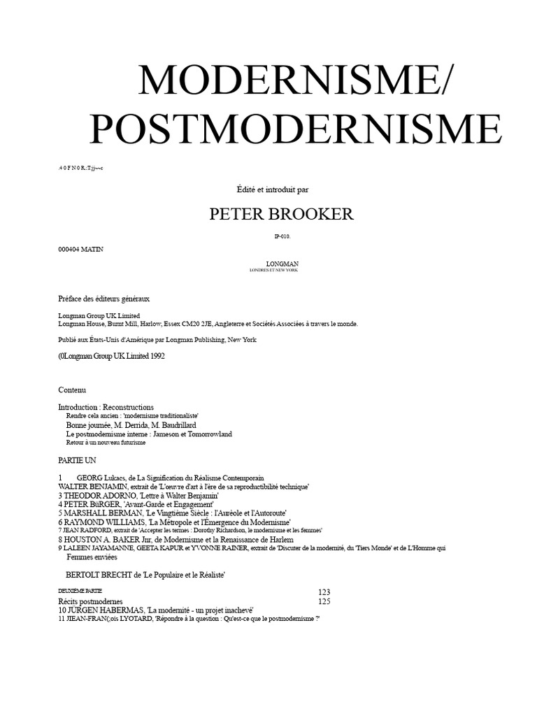 Modernisme et Postmodernisme : Théories et Essais | PDF ...