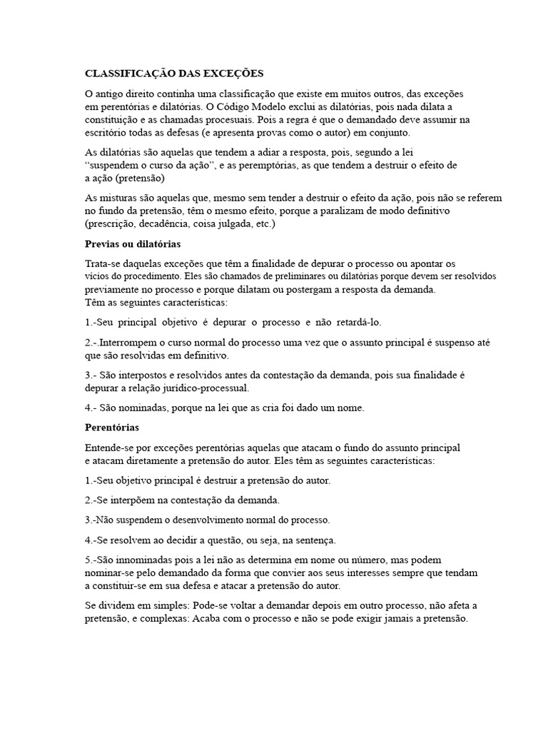 Classificação Das Exceções | PDF | Sentença (jurídico) | Direito Comum