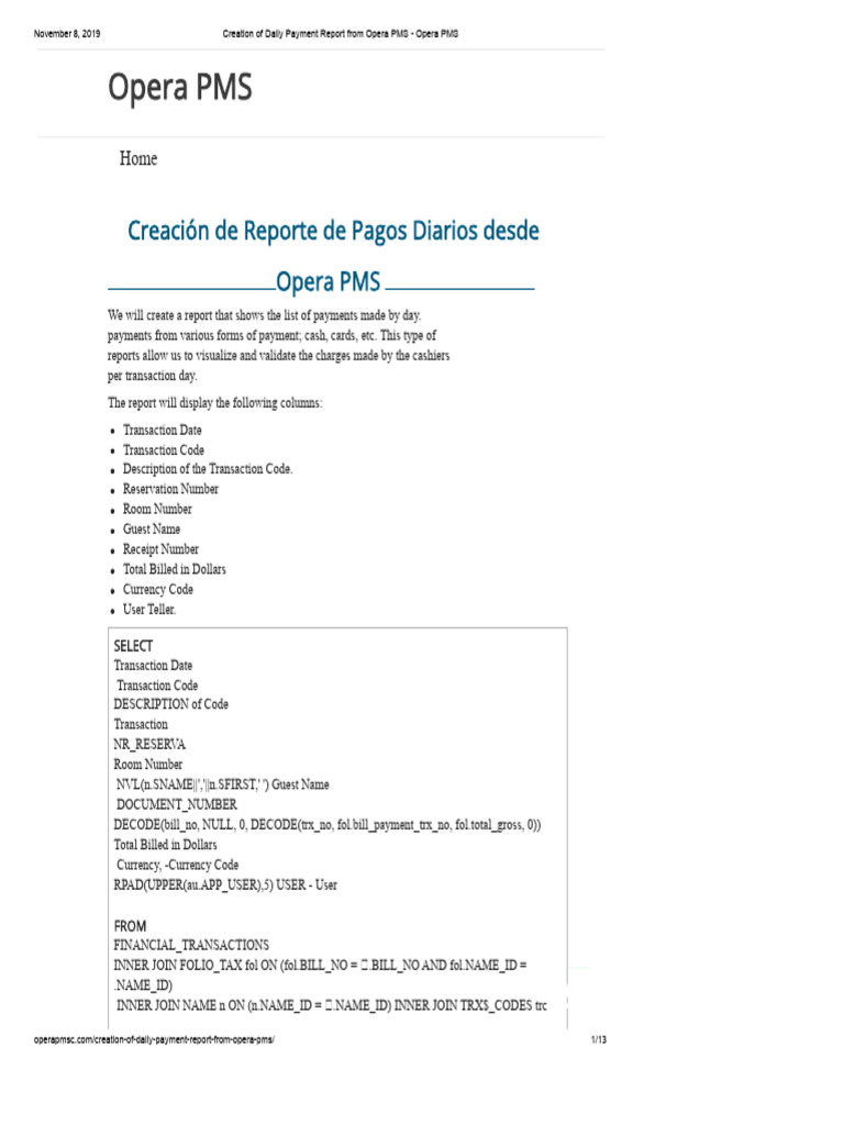 Creation of Daily Payment Report from Opera PMS – Opera PMS | PDF | Sql ...