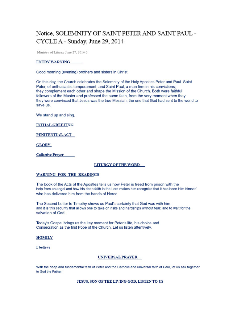 Solemnity of Sts. Peter and Paul 2014 | PDF | Saint Peter | Jesus