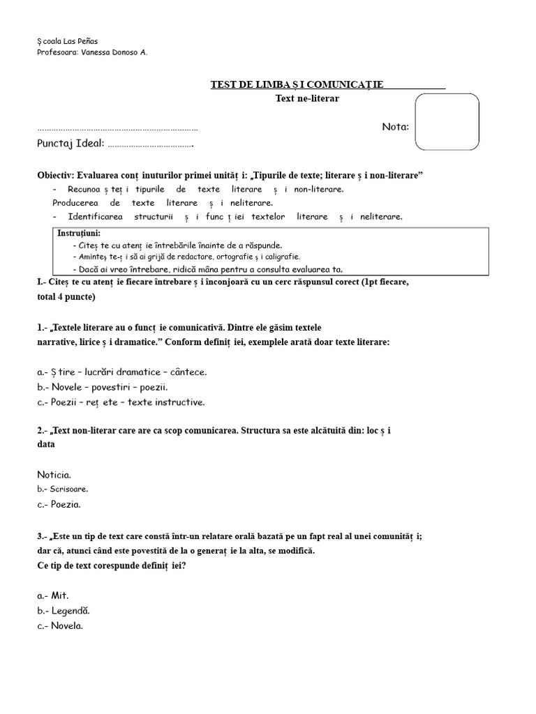 TEST FRAME TEXTURI LITERARE SI NON LITERARE 3 Si 4 Bazic | PDF