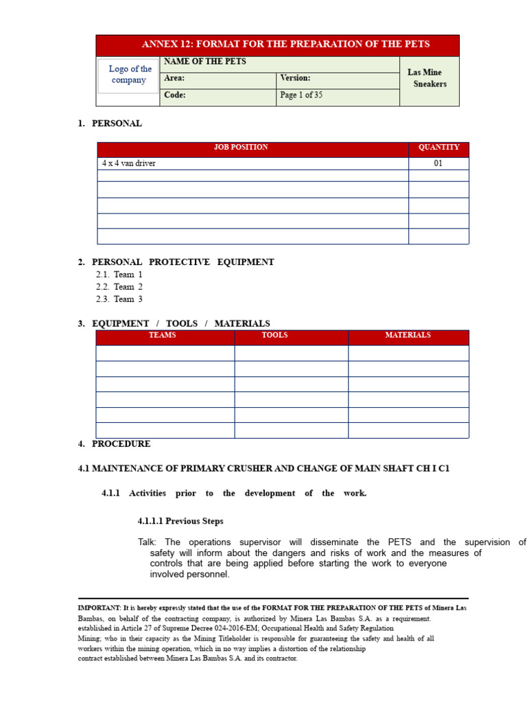 ANNEX 12 Format of PETS - 2021 - Example | PDF | Welding | Construction