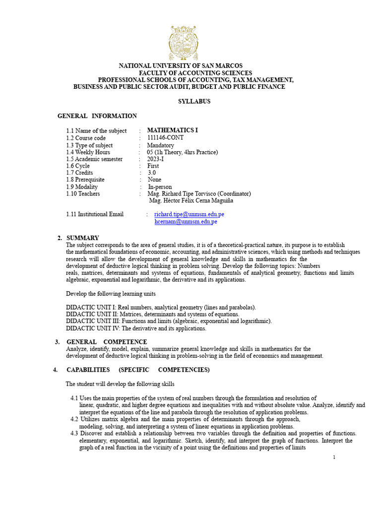 Mathematics I Syllabus for Accounting Students | PDF | Function ...