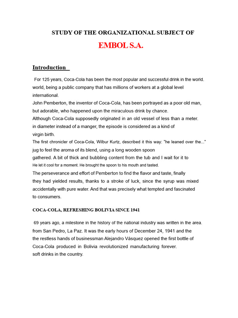 Overview of EMBOL S.A. and Coca-Cola in Bolivia | PDF | Coca Cola ...