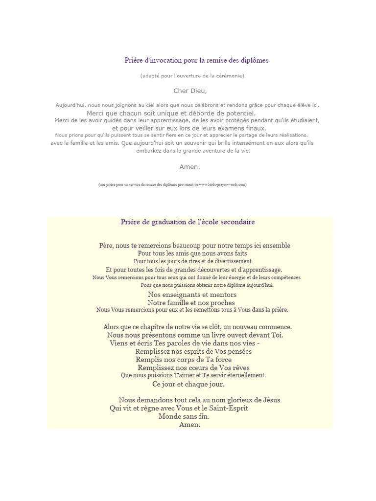 Prière d'Invocation pour la Graduation | PDF | Prière | Spiritualité