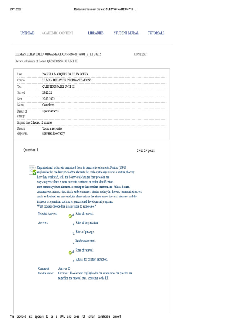 Unit III Questionnaire | PDF | Rituals | Organizational Culture
