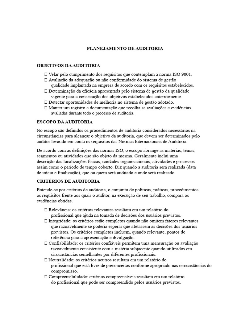 Planejamento de Auditoria Interna ISO 9001 | PDF | Qualidade (negócios ...