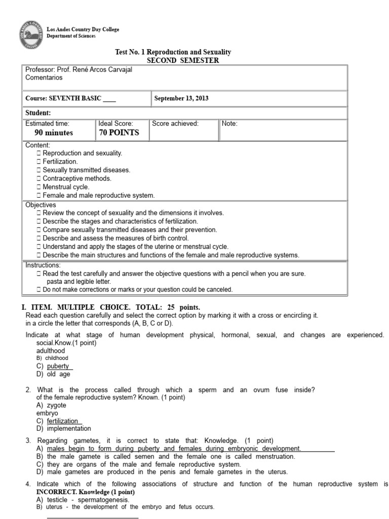 Reproduction and Sexuality Test Guide | PDF | Sexually Transmitted ...
