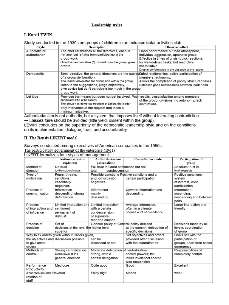 Leadership Styles: Lewin to Likert | PDF | Leadership | Social Psychology