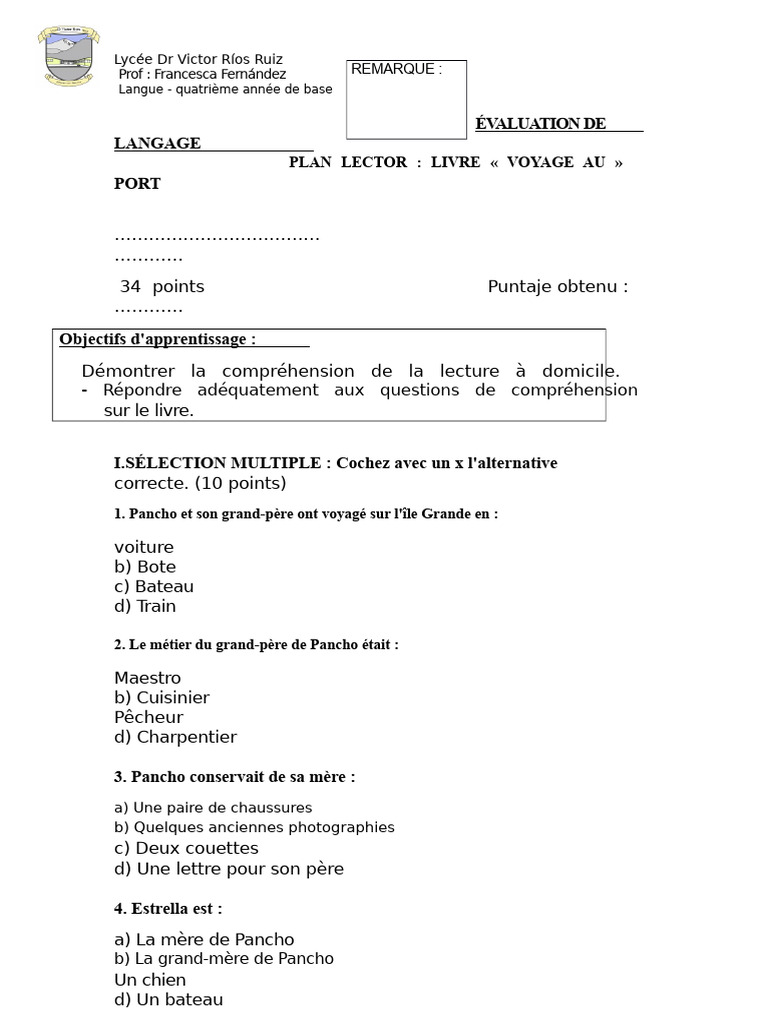 Évaluation de lecture : "Voyage au" | PDF