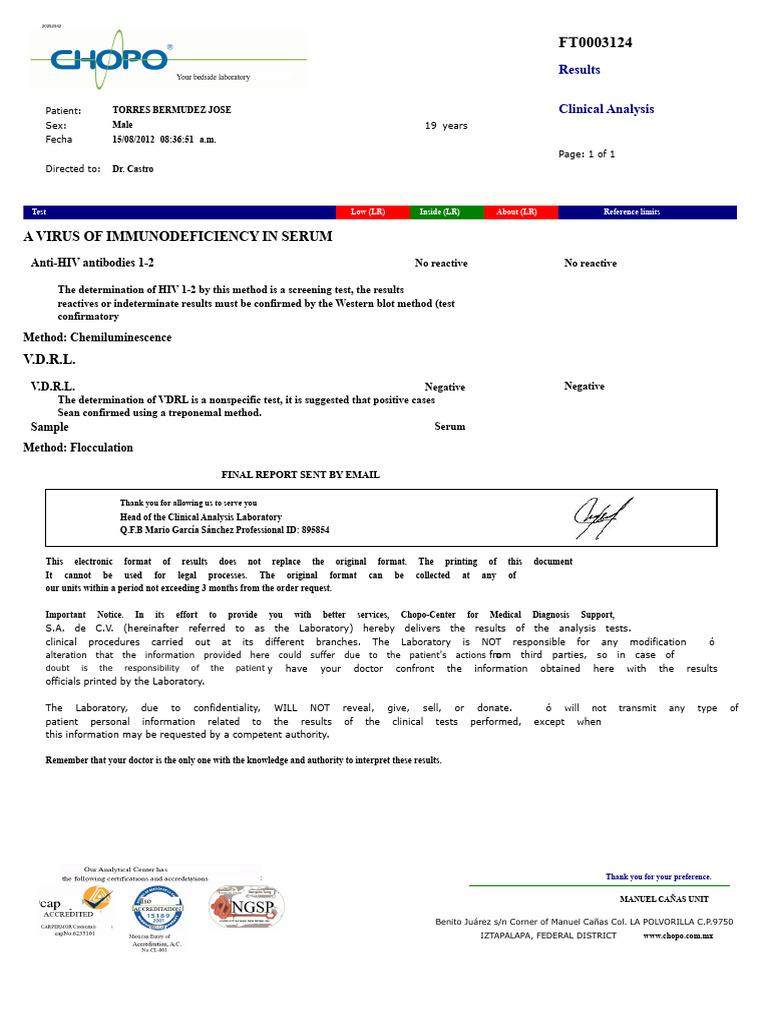 Chopo Test | PDF | Hiv | Medical Specialties