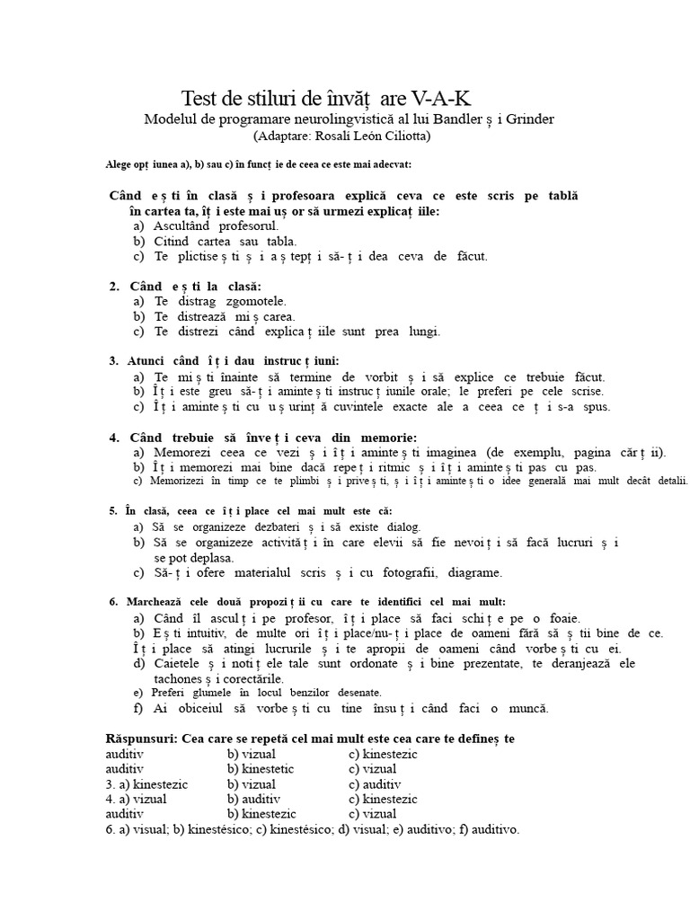 Test de Stiluri de Învățare Vizual, Auditiv, Kinesthetic | PDF