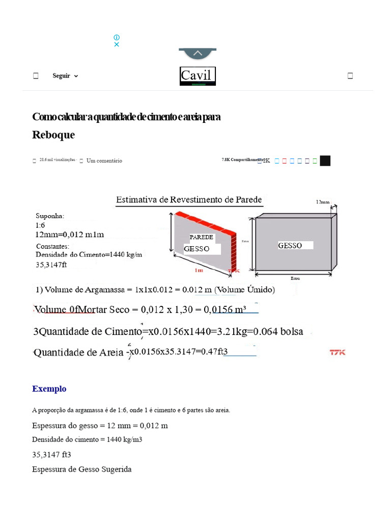 Cálculo de Areia e Cimento para Reboco | PDF