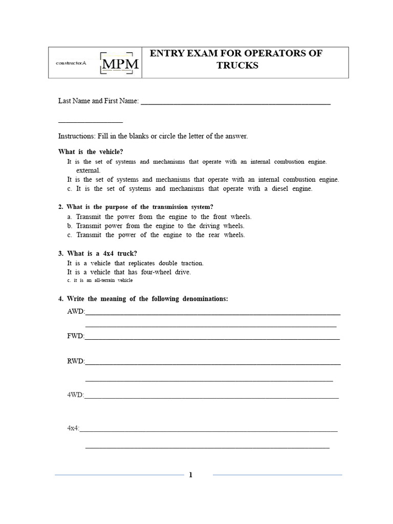 Truck Operator Entry Exam Guide | PDF | Four Wheel Drive | Engines