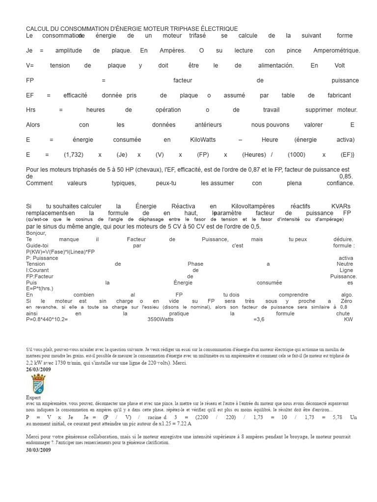 Calcul de la consommation d'énergie moteur triphasé PDF Énergie — free download