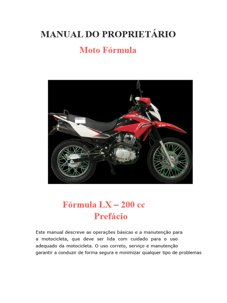 Manual do Proprietário Moto Fórmula LX 200cc | PDF | Motocicleta | Motores