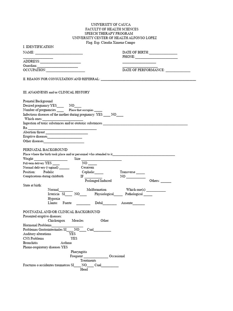 Speech Therapy Clinical Assessment Form | PDF | Breastfeeding | Medical ...