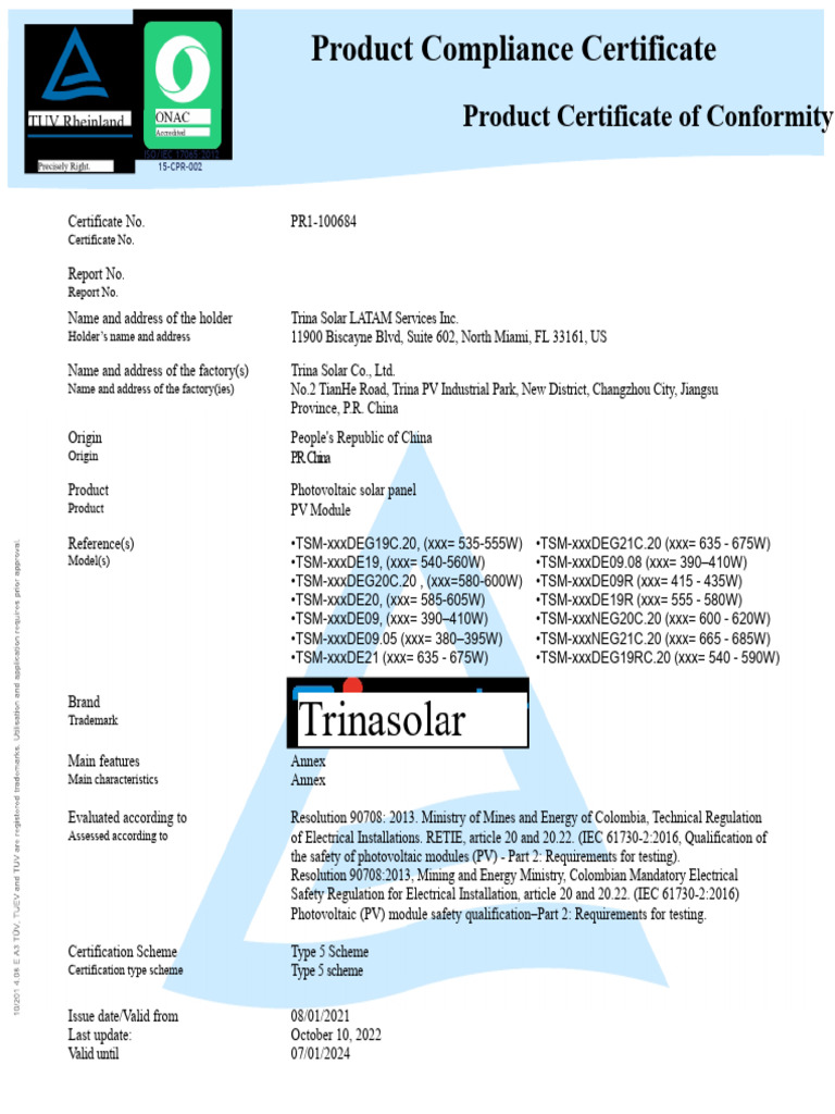 Trina Solar PV Module Compliance Certificate | PDF | Photovoltaics ...