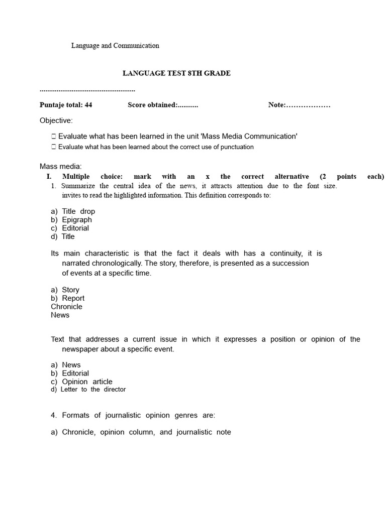 8th Grade Language and Communication Test | PDF | News | Mass Media