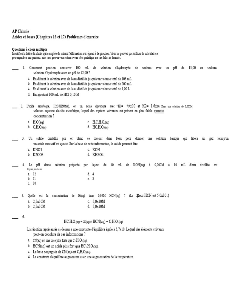 Problèmes d'exercice sur acides et bases | PDF | Ph | Dissociation (chimie)