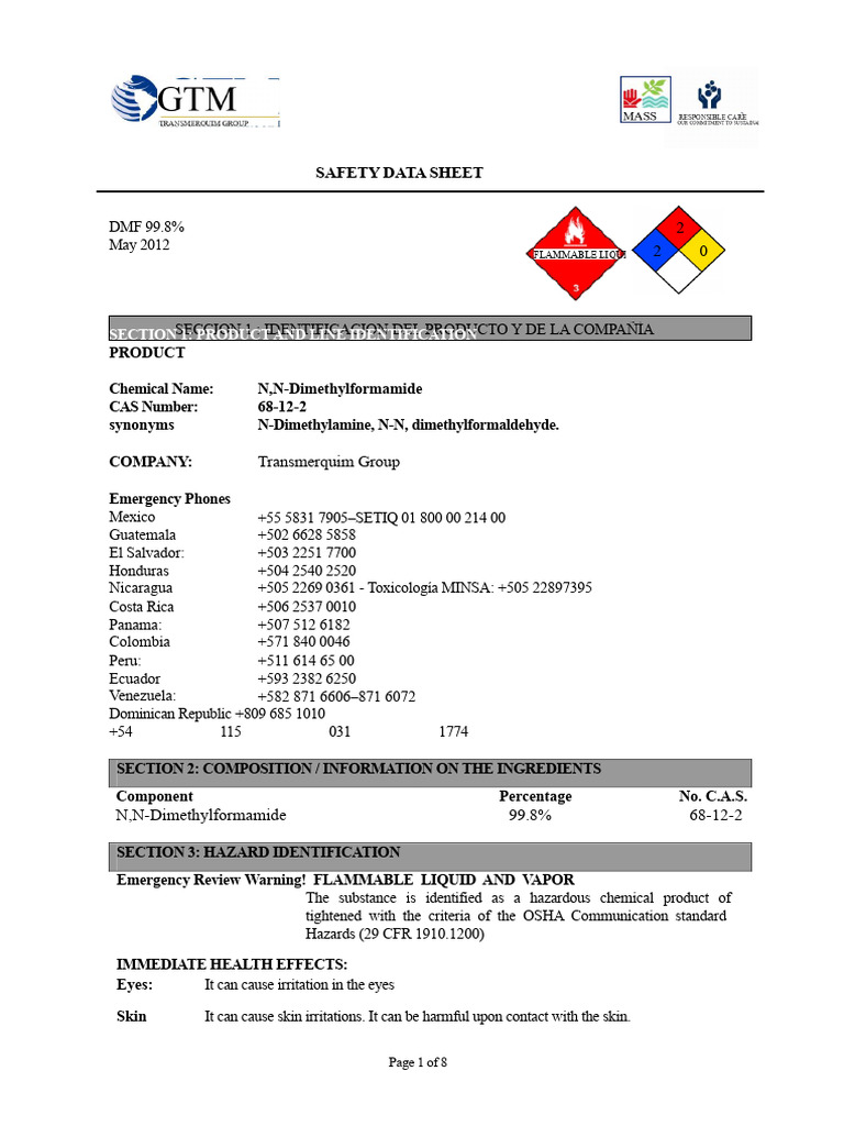 DMF Safety Data Sheet Summary | PDF | Fires | Firefighter