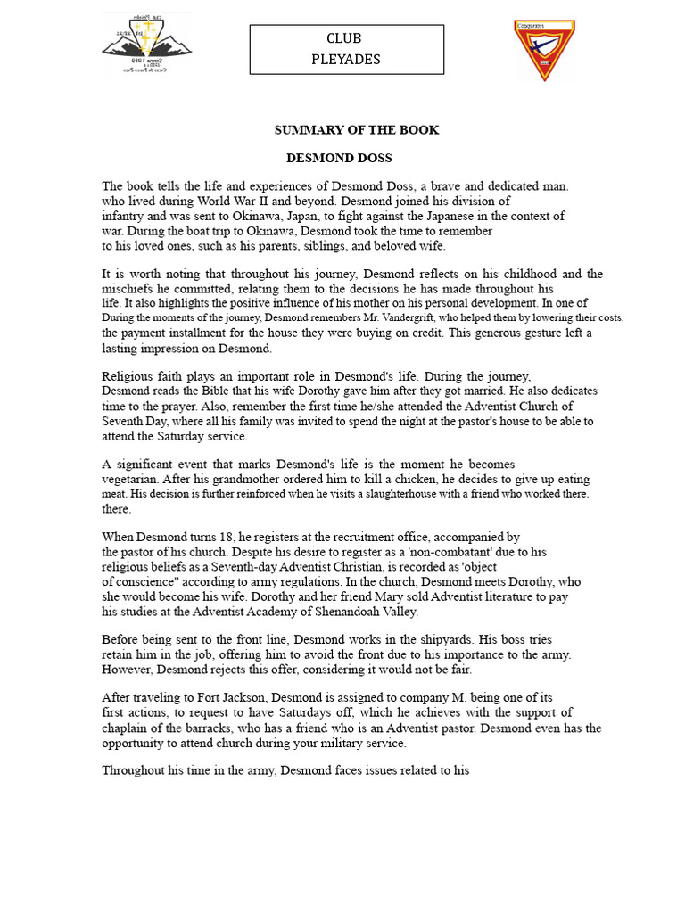 SUMMARY OF THE BOOK DESMOND DOSS PDF Seventh Day Adventist