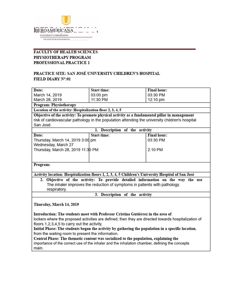 Field Diary # 01 | PDF | Physical Therapy | Medicine