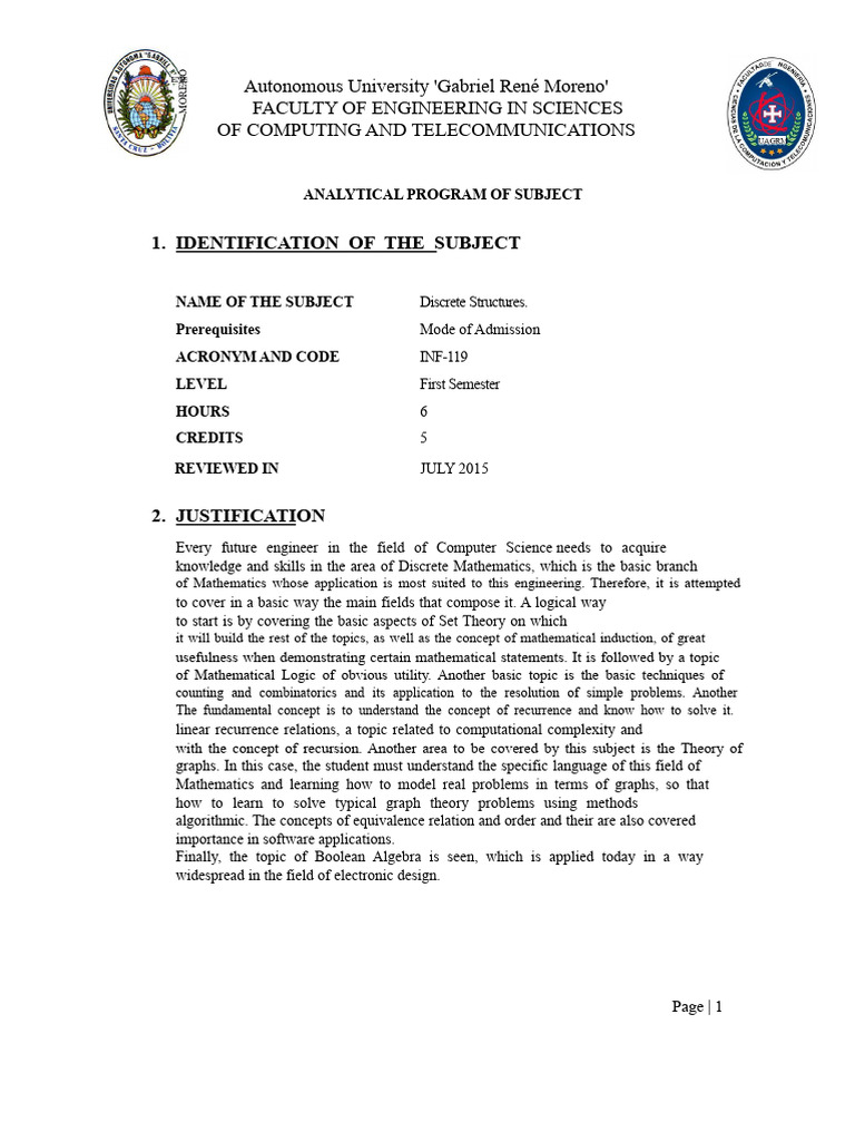 Analytical Program of Subject - Inf119 - Structures D. | PDF | Set ...