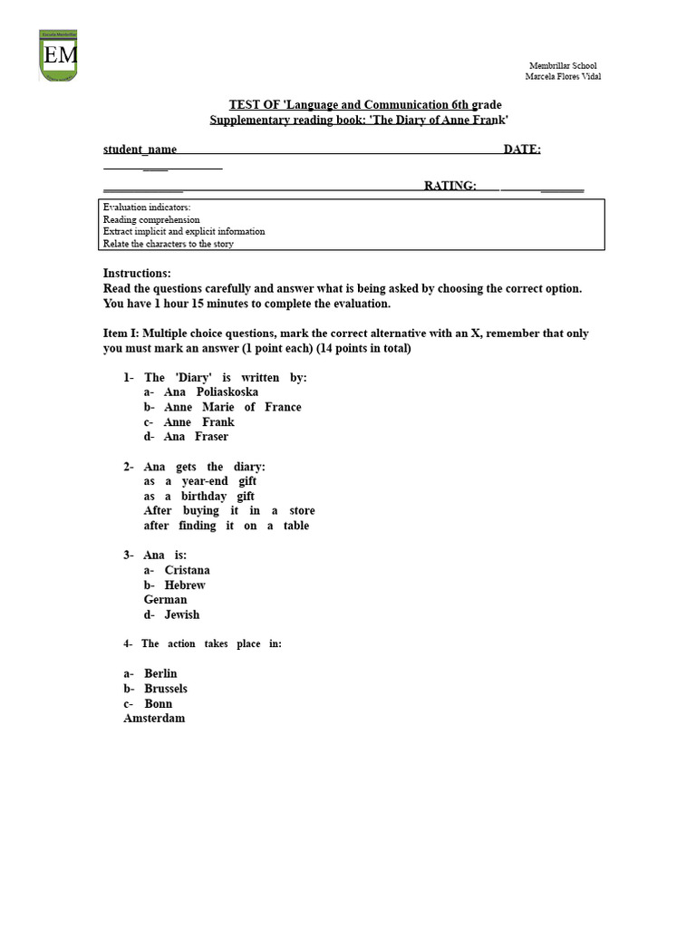 6th Grade Language Test: Anne Frank | PDF | Multiple Choice