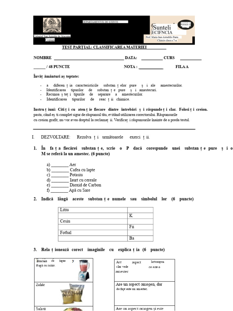 Test de Clasificare A Materiei Rândul A | PDF
