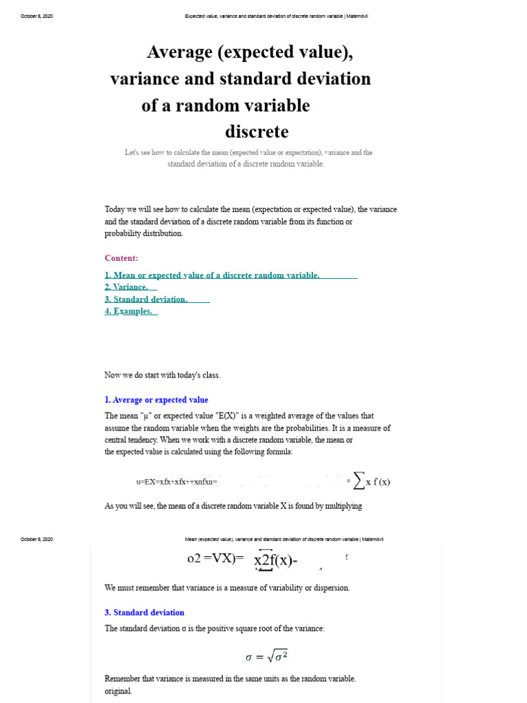 Mean (Expected Value), Variance, and Standard Deviation of Discrete ...