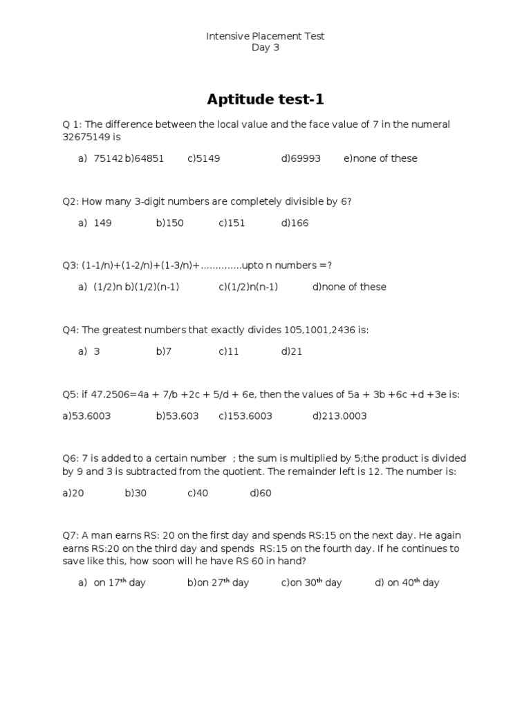 Aptitude Test 1 PDF Human Resource Management Money
