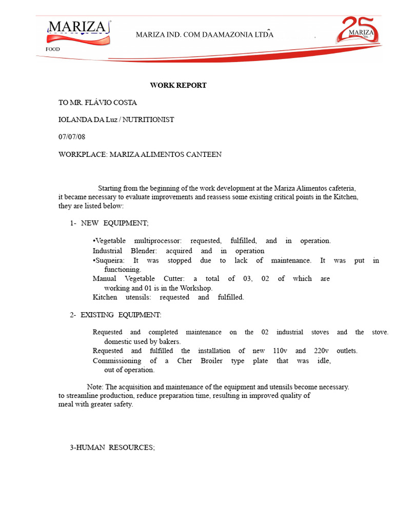 Kitchen Improvement Work Report | PDF | Lunch | Kitchen