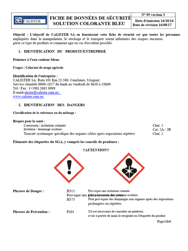 Fiche de sécurité : Solution colorante bleue | PDF | Substances ...