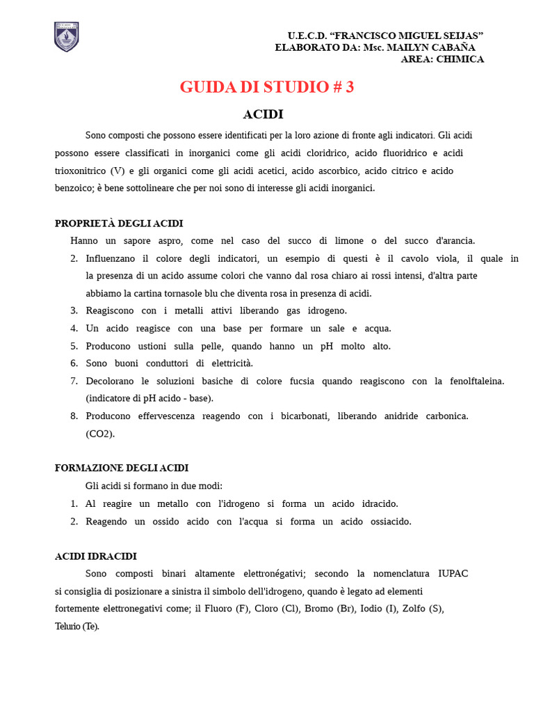 Guida Di Studio # 3 Nomenclatura Acidi | PDF
