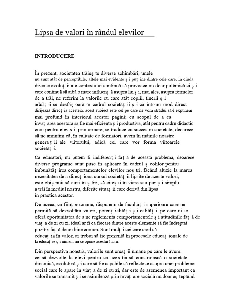 Lipsa de Valori În Rândul Elevilor | PDF